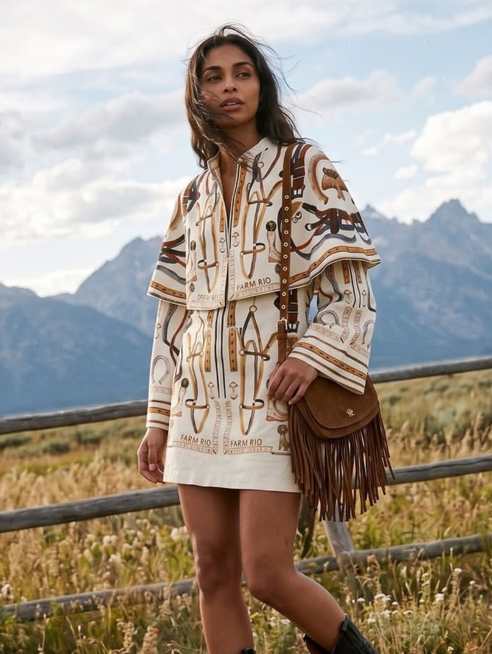 NWT Farm Rio off-white equestrian scarf cape mini dress